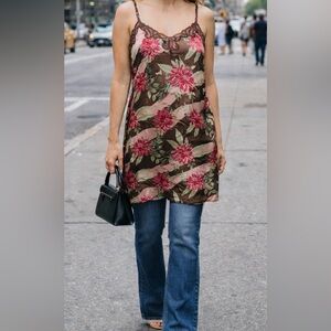 Slip Dress Satin Brown Pink Green Flowers Lace coquette NWOT streetwear 1X Plus